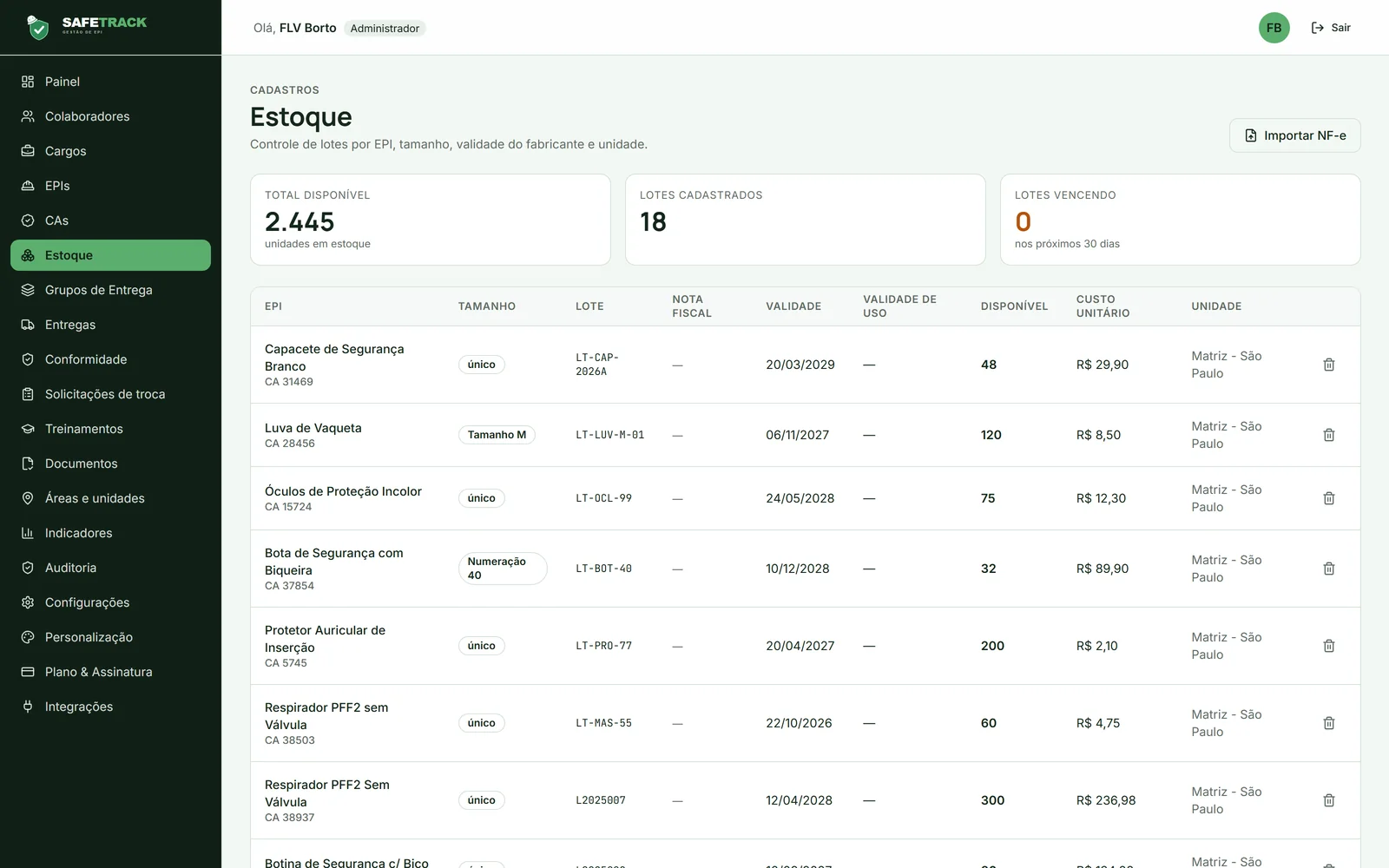 Controle de estoque por lote no SafeTrack EPI
